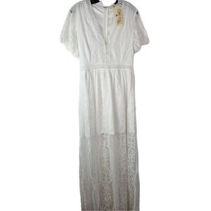 Southern Fried Chics NWT Womens White Lace SS Maxi‎ Slip Boho Cottage Dress L